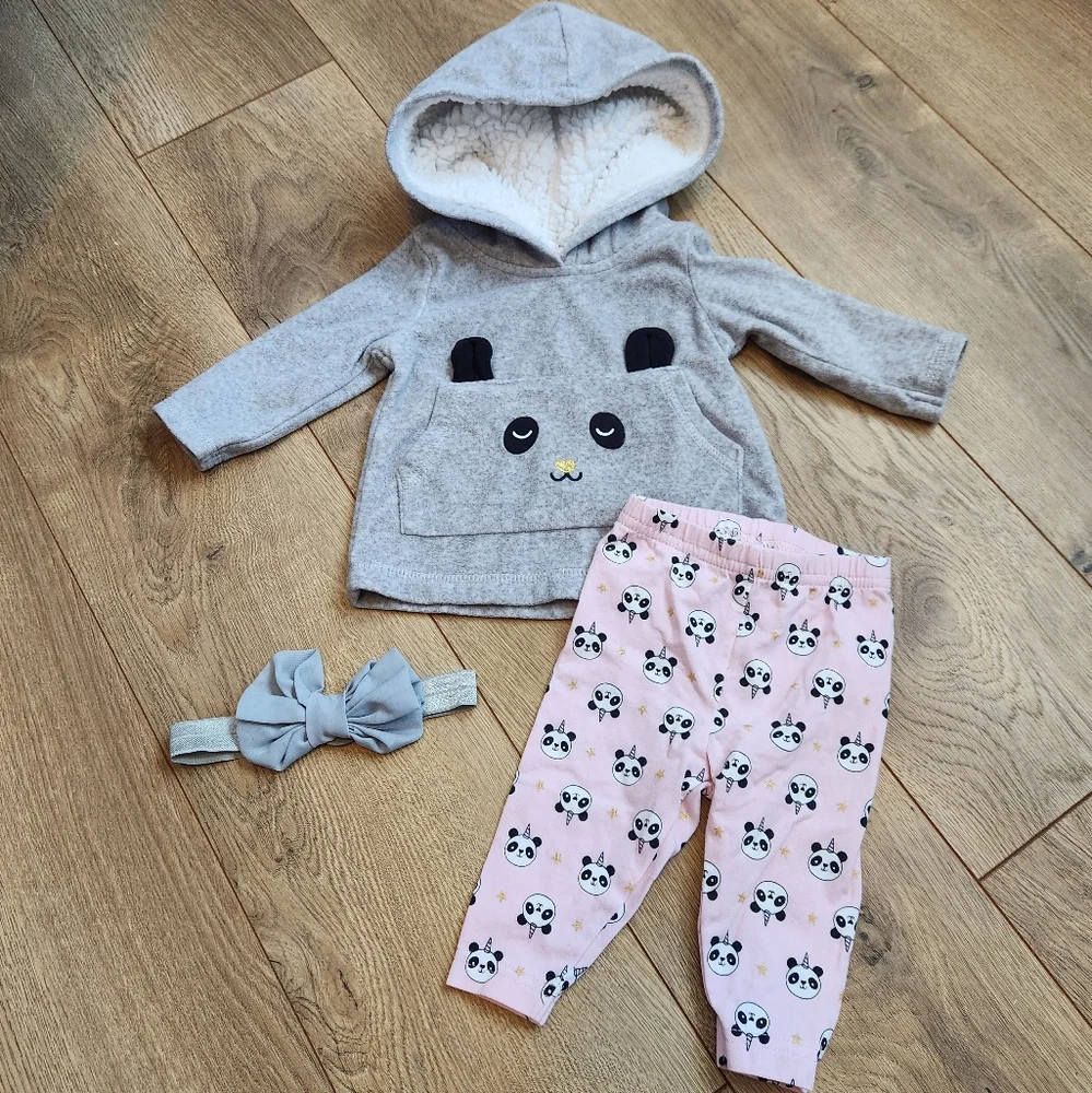 Gray Panda Hoodie and Pink Panda Pants Set